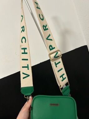 Green Crossbody Bag with Branded Canvas Strap